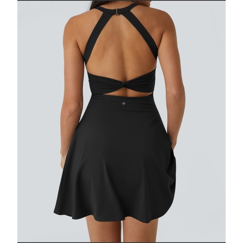 HALARA SoftlyZero Airy Backless Twisted Flare Dress NWT Black XSmall - Picture 3 of 7